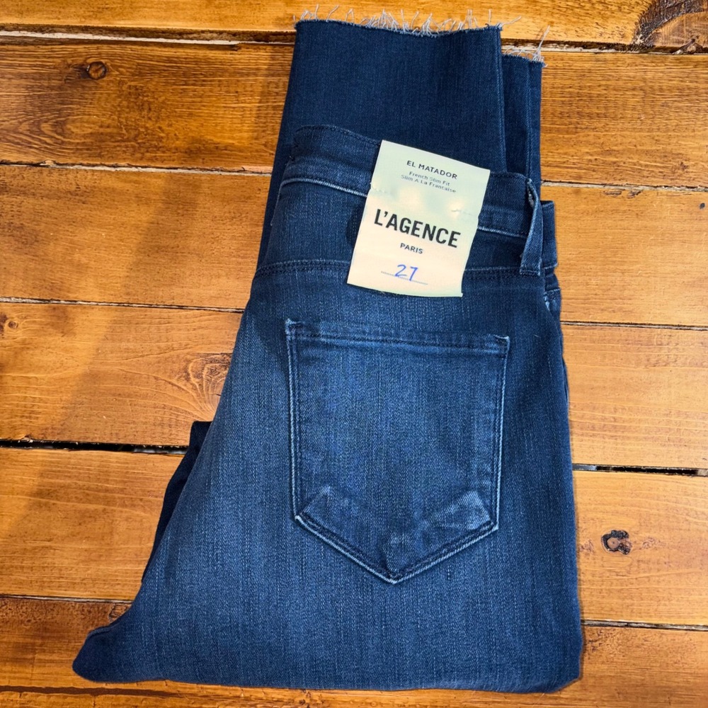 L'AGENCE El Matador Jeans Womens 27 Anchor Blue High Rise Slim Raw Hem Denim NEW